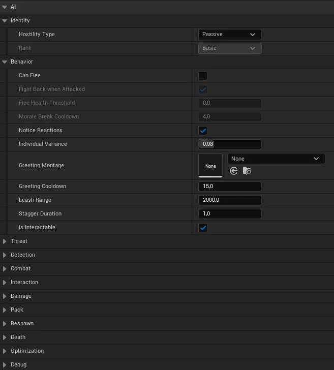 Paramètres des comportements IA exposés dans Unreal Engine
