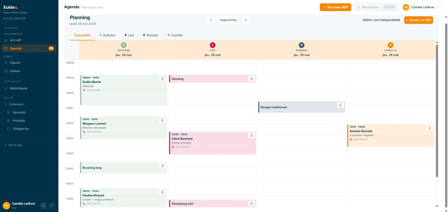 Agenda multi-collaborateurs du salon de démonstration Eukleo