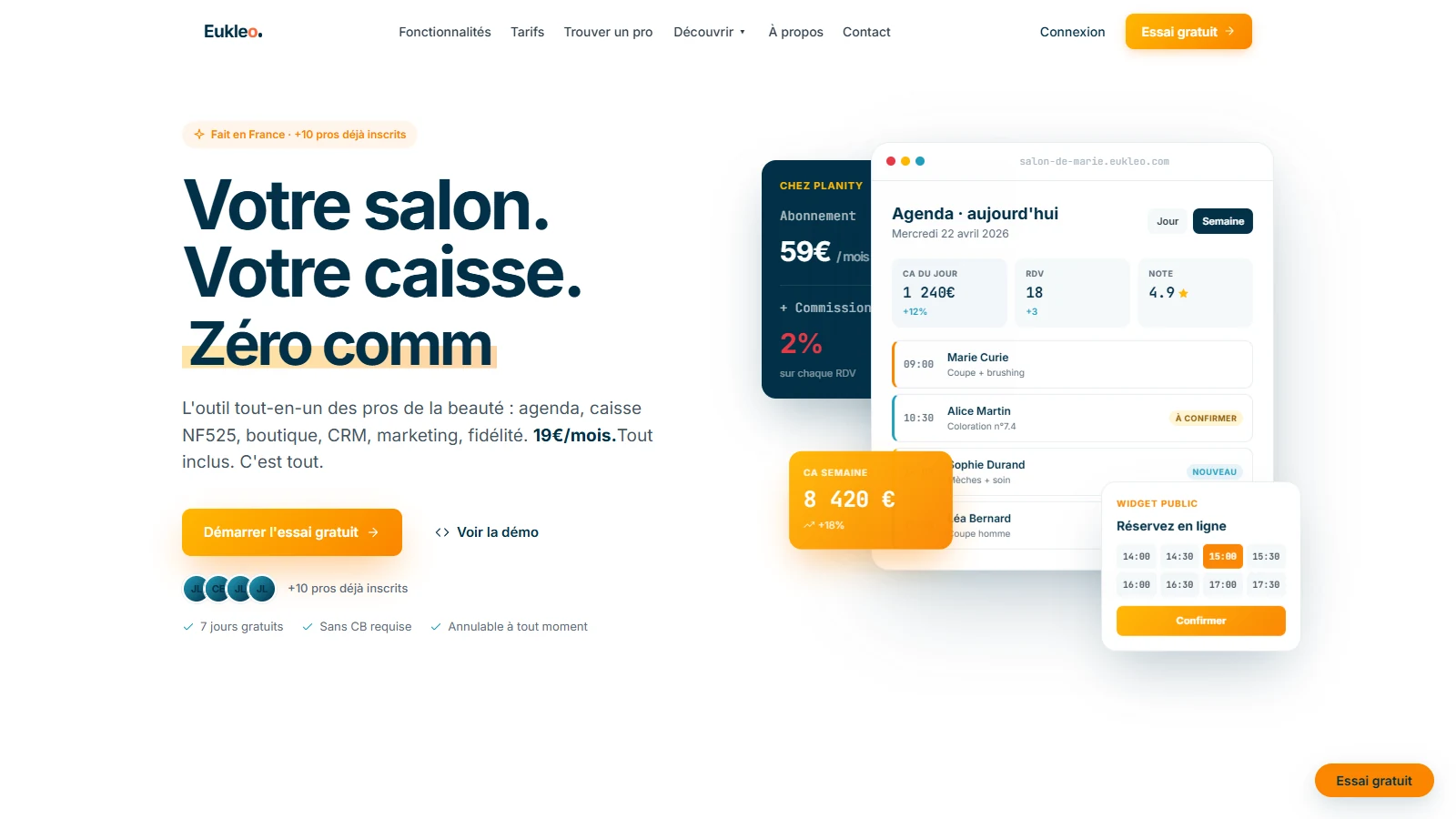 Page d’accueil du site Eukleo et présentation de ses outils de gestion